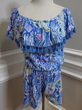 Lilly Pulitzer La Fortuna Blue Peri Pinch Romper Womens Off The Shoulder, Size S